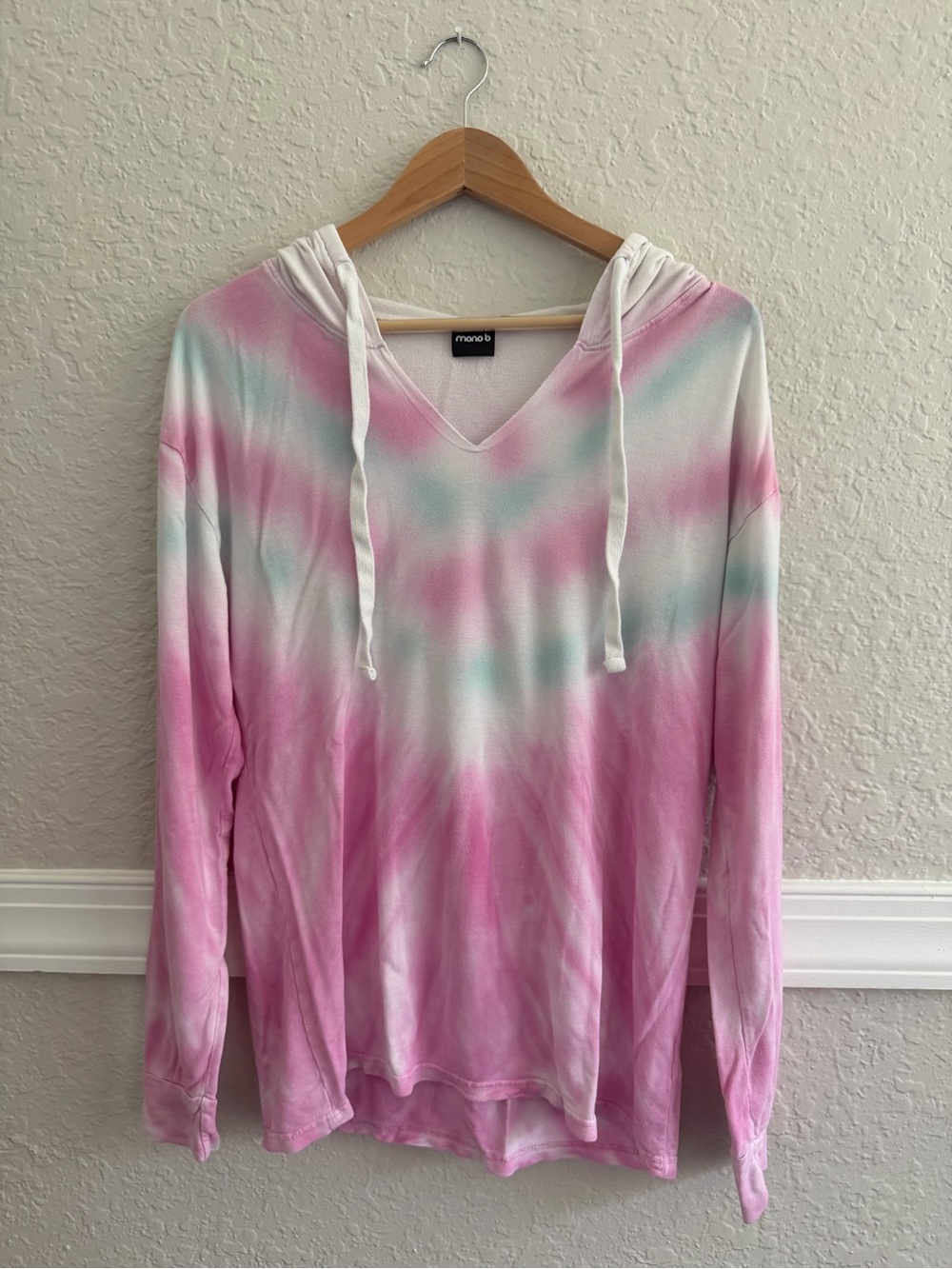 Mono B Tie-Dye Lightweight Hoodie Size Small Pink Pastel V-Neck